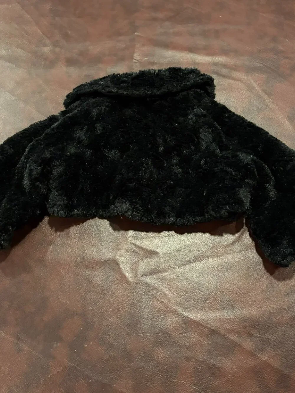 Koala Baby cropped black faux fur jacket with one button, size 9 months